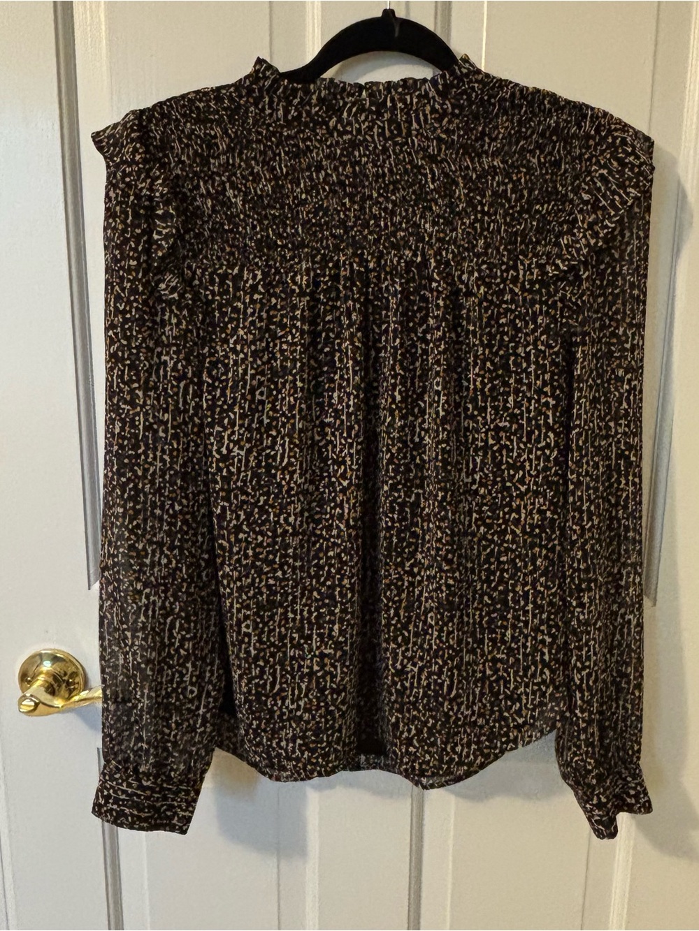 LOFT Black Speckled Smocked-Neck Long Sleeve Blouse